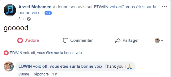 Avis facebook 5 étoiles d'Assef Mohamed concernant les services de voix off d'Edwin Voix Off