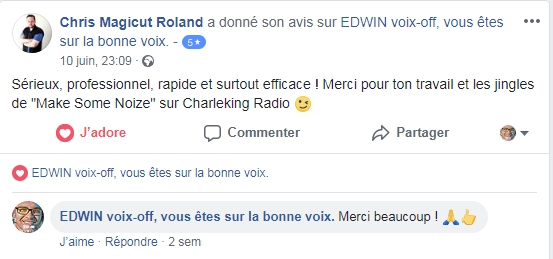 Avis facebook 5 étoiles de Christophe Roland (Magicut) concernant les services de voix off d'Edwin Voix Off