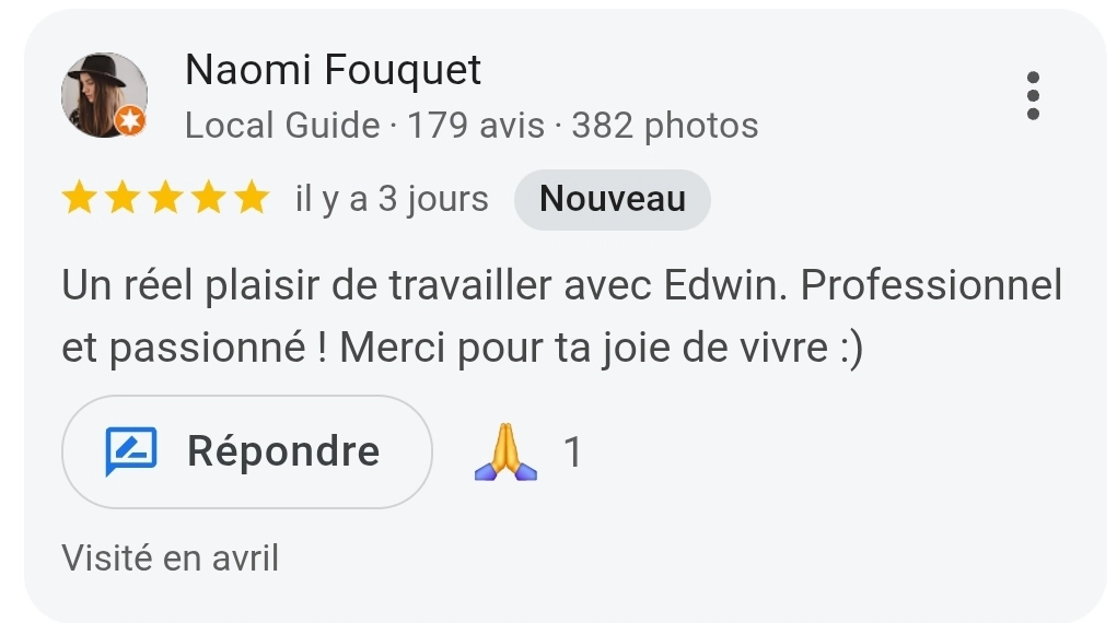 Avis Google 5 étoiles de Naomi Fouquet concernant les services de voix off d'Edwin Voix Off